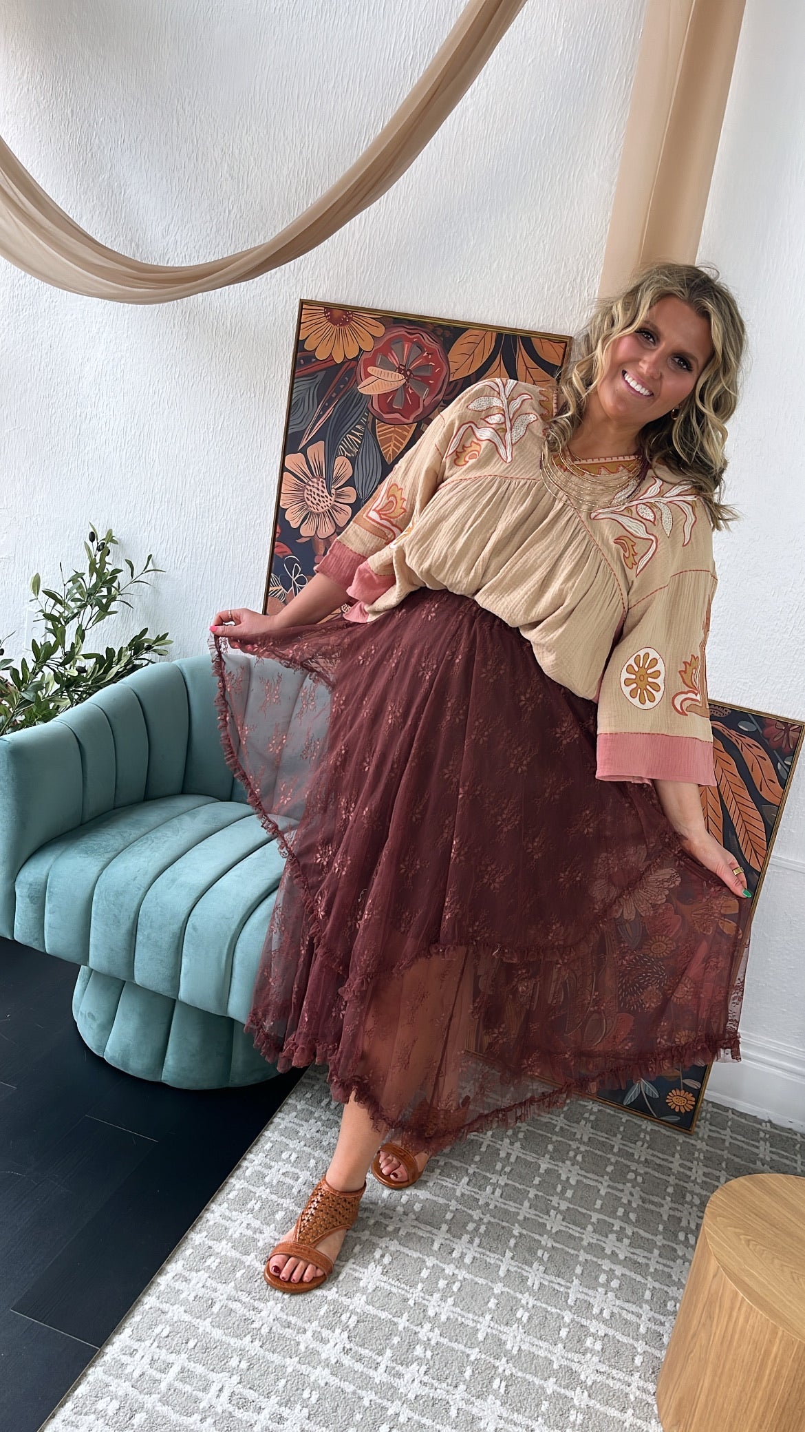 Delicate Dreams Embellished Lace Skirt, Chestnut