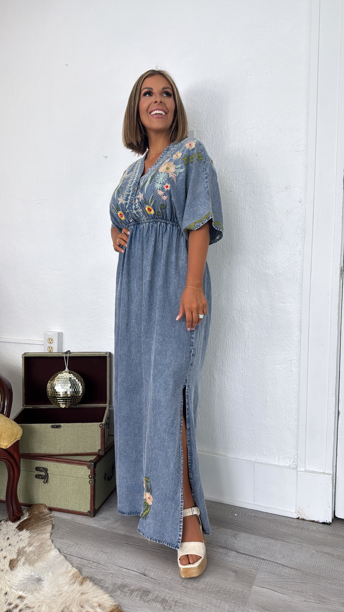 Chambray Stitch & Bloom Embroidered Maxi Dress, Denim