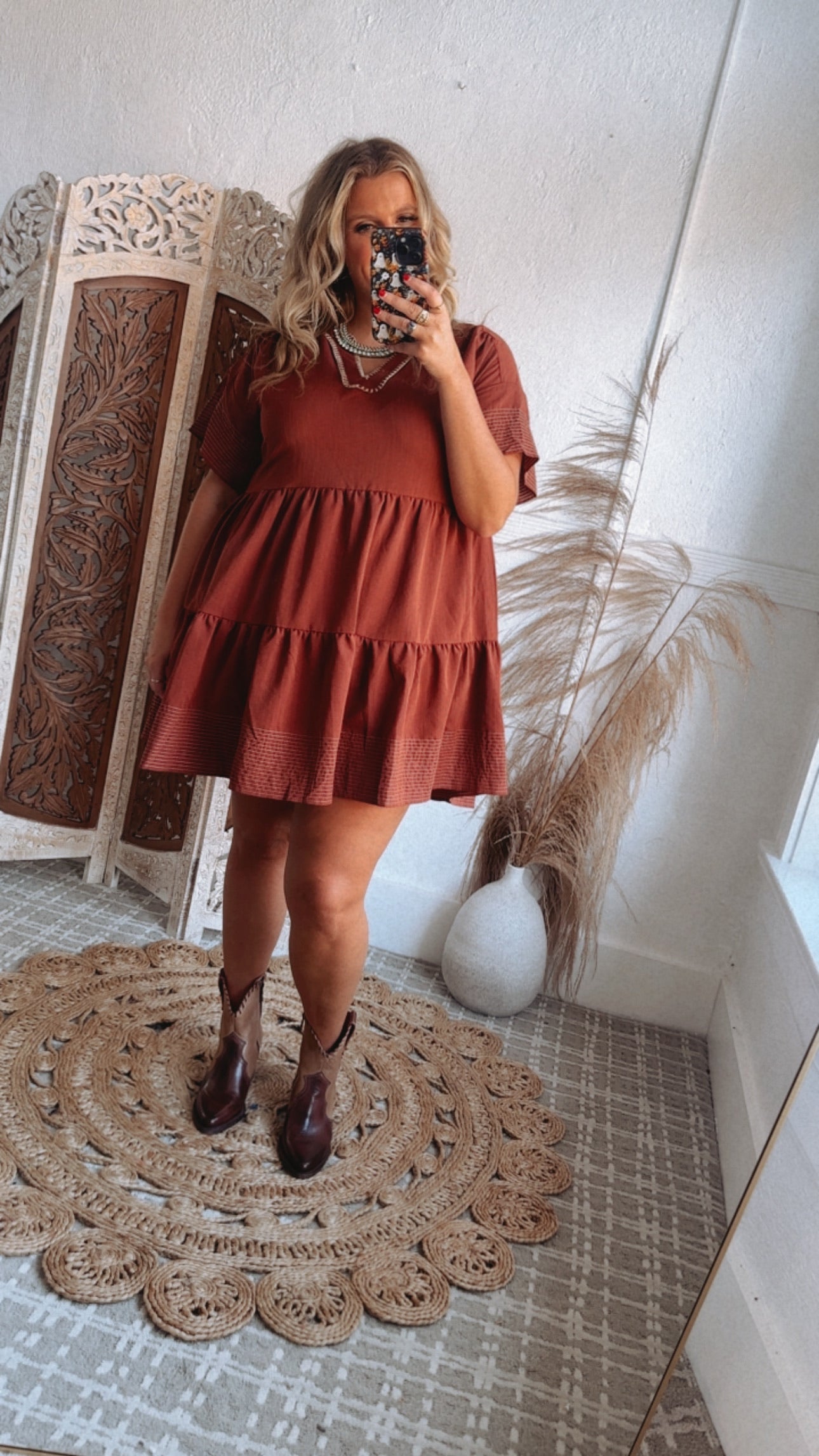Emmy V Neck Embroidered Mini Dress, Rust
