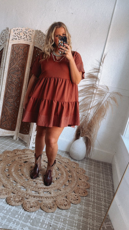Emmy V Neck Embroidered Mini Dress, Rust