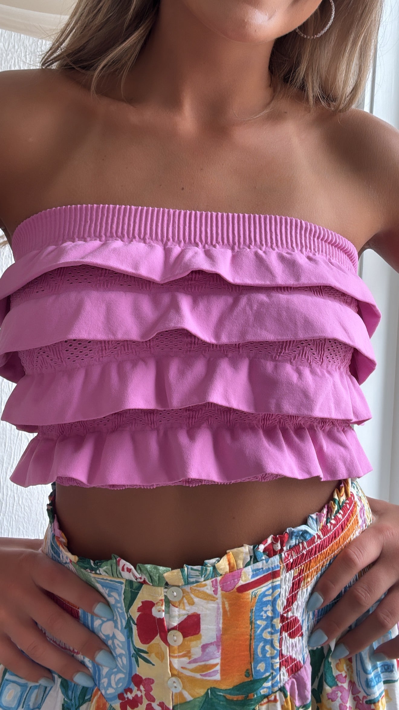 Layered Ruffled Tube Top, Crocus Pink