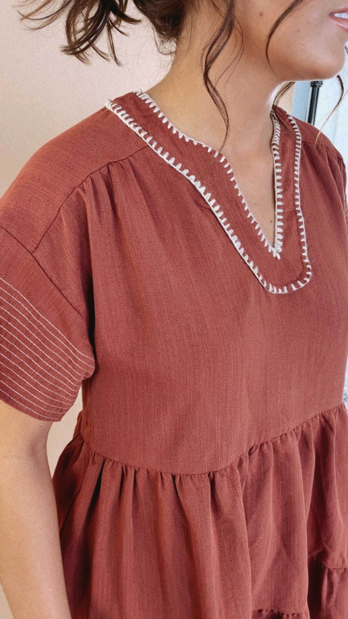 Emmy V Neck Embroidered Mini Dress, Rust