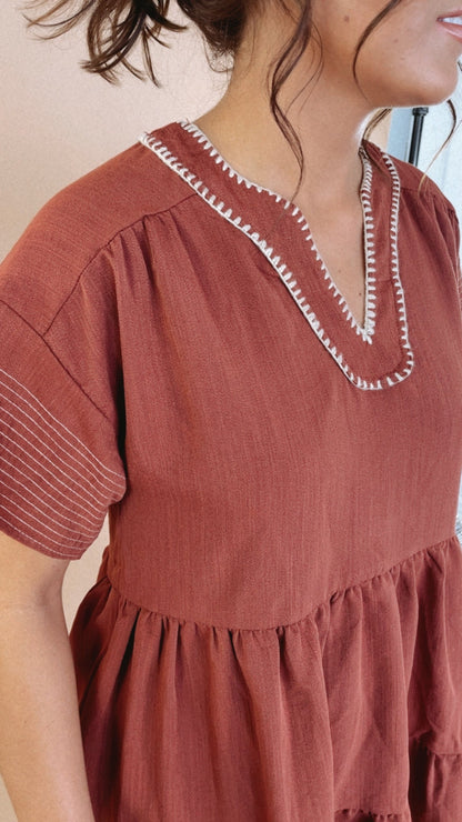 Emmy V Neck Embroidered Mini Dress, Rust