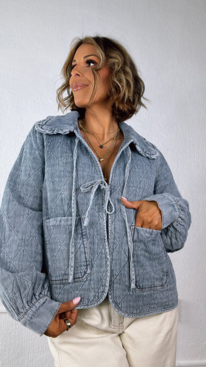 Rare Occasion Ruffle Collar Quilted Denim Jacket