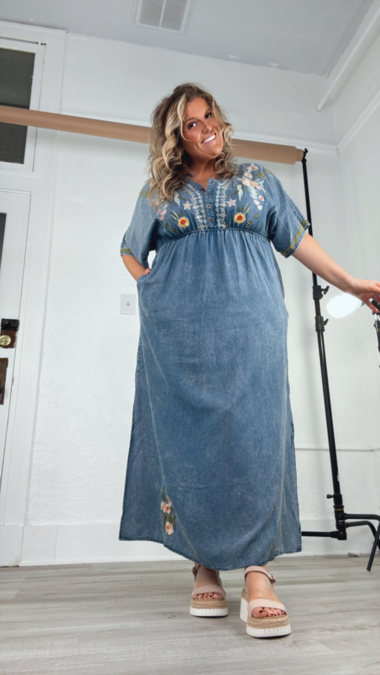 Chambray Stitch & Bloom Embroidered Maxi Dress, Denim