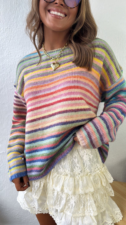 Painted Knit Striped Rainbow Sweater, Purple/Sky