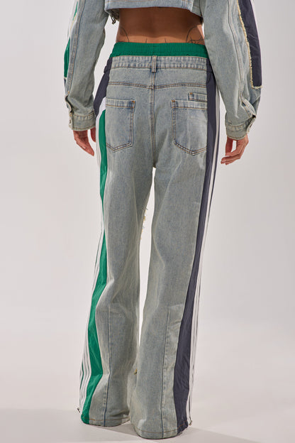 ALL AROUND THE WORLD PATCHWORK DENIM JOGGER PANT IN GREEN MULTI