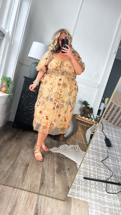 Blossom Meadows Embroidered Dress, Camel