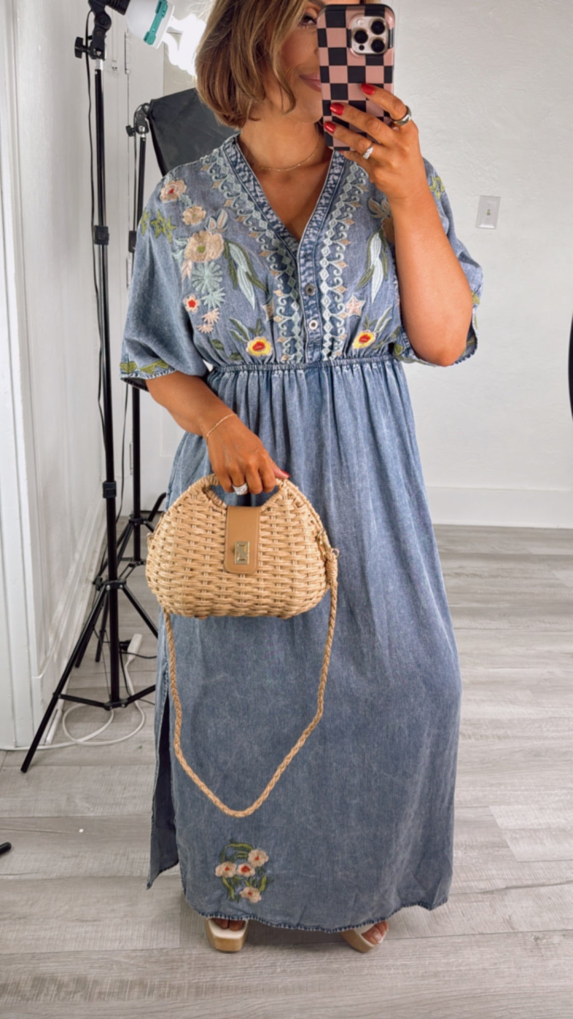 Chambray Stitch & Bloom Embroidered Maxi Dress, Denim