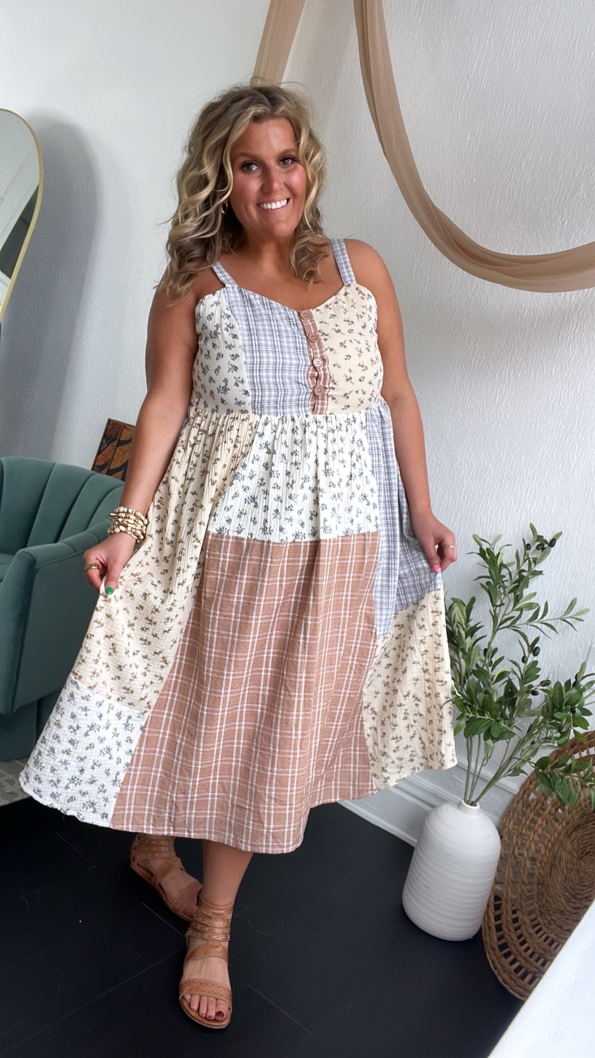 Patchwork Blooms Midi Dress, Ivory