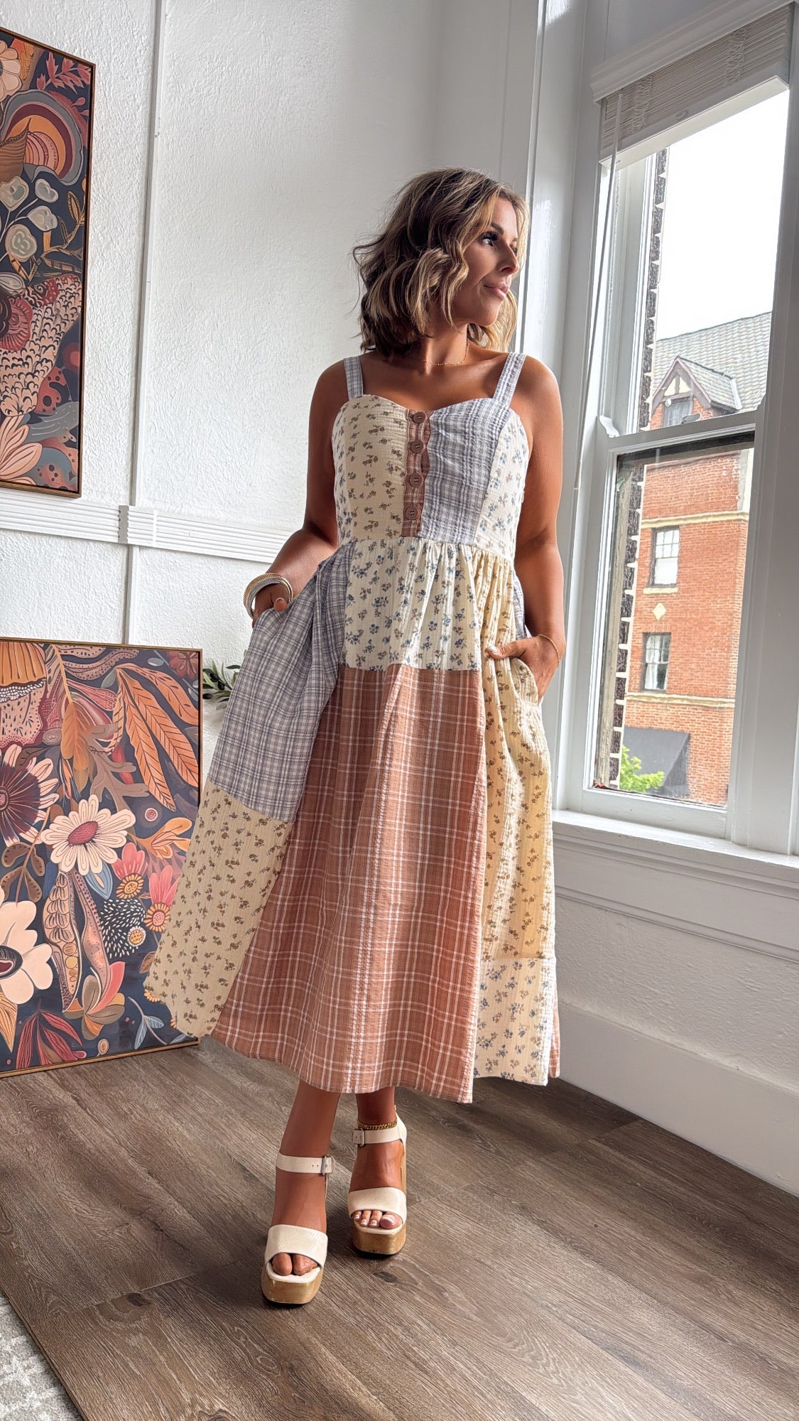 Patchwork Blooms Midi Dress, Ivory