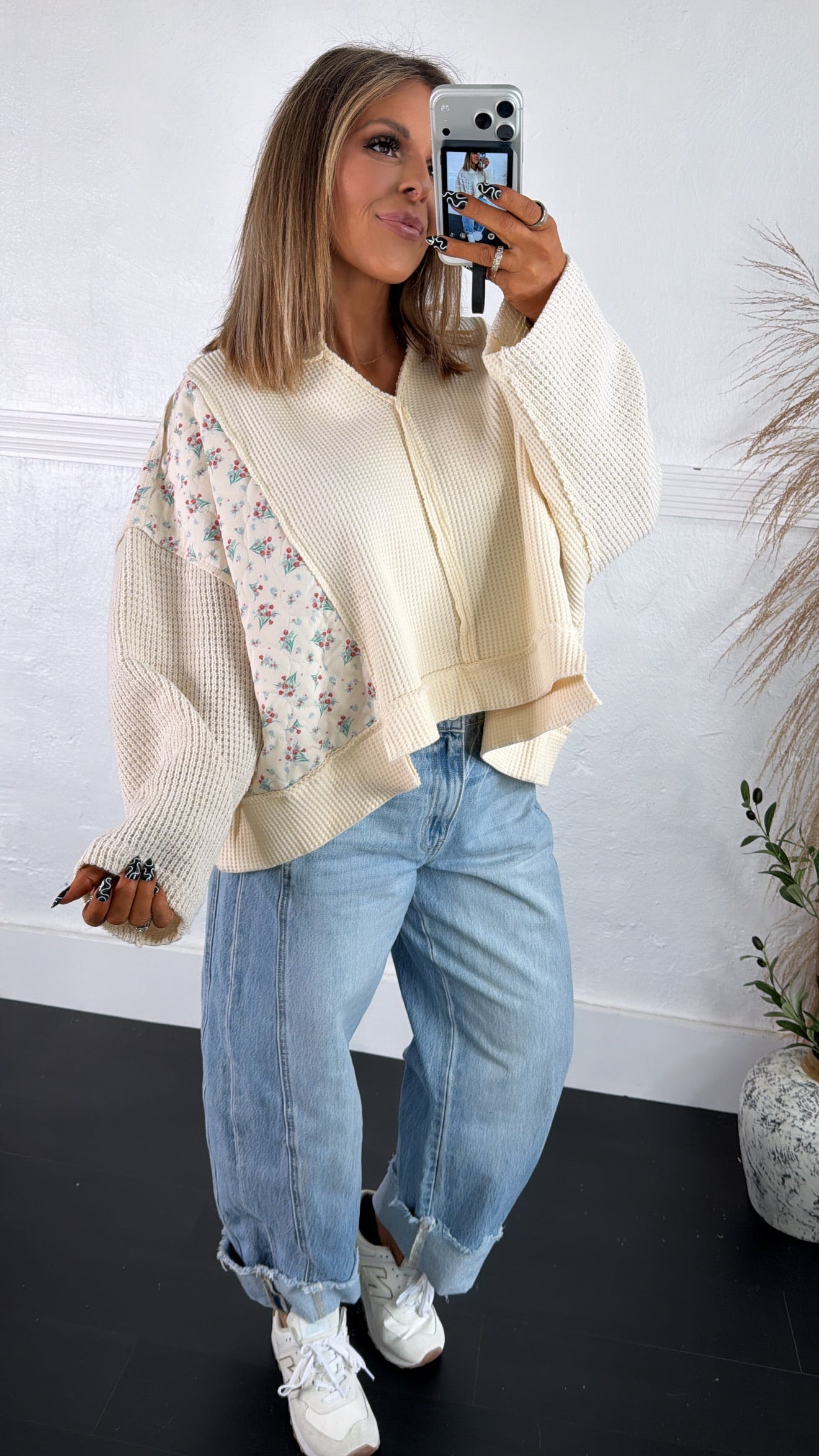 POL Floral Sleeve Sweater, Cream