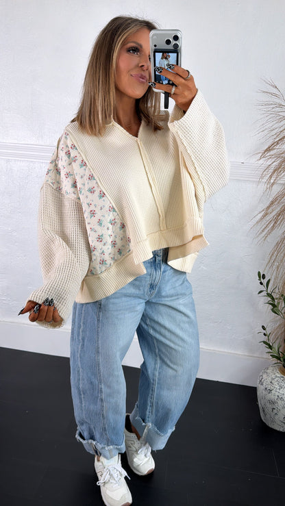 POL Floral Sleeve Sweater, Cream