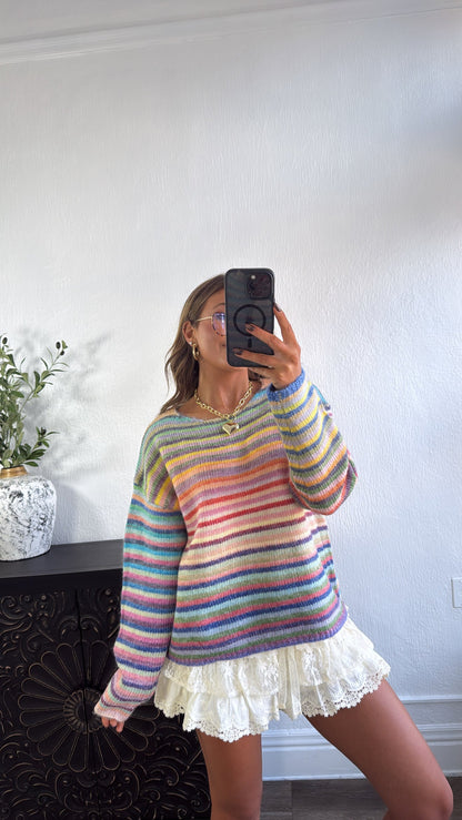 Painted Knit Striped Rainbow Sweater, Purple/Sky