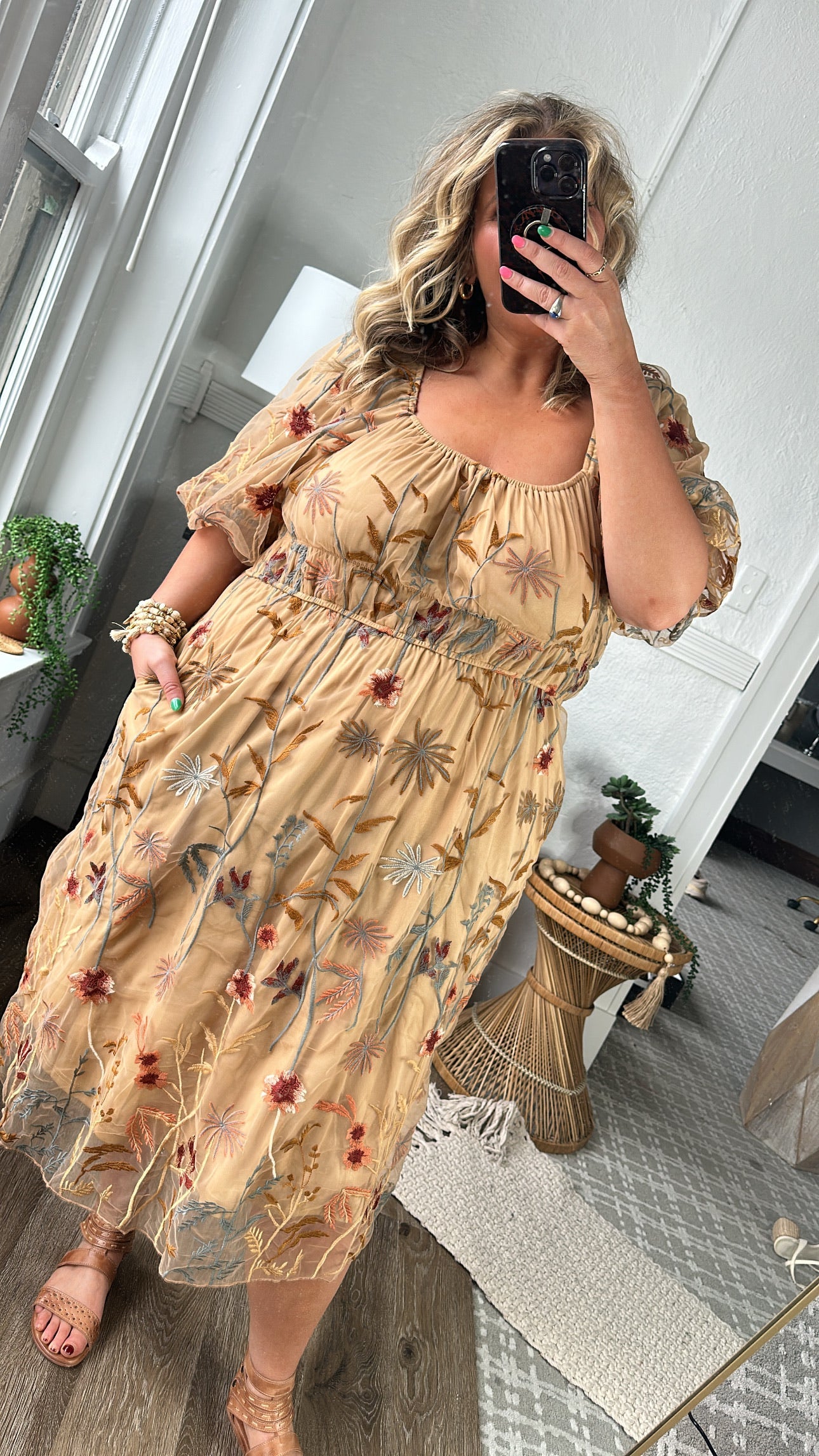 Blossom Meadows Embroidered Dress, Camel