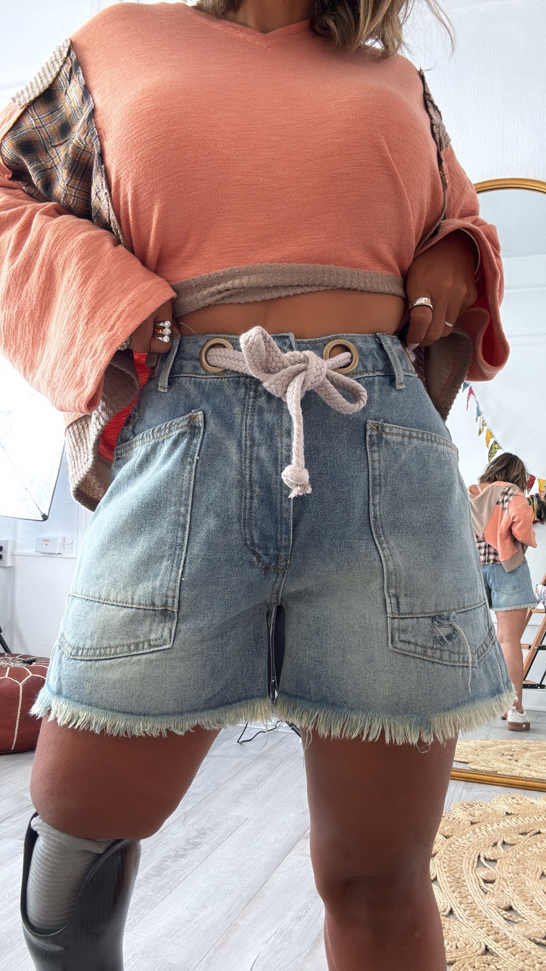 New Point Of View Braided Belt Shorts, Denim