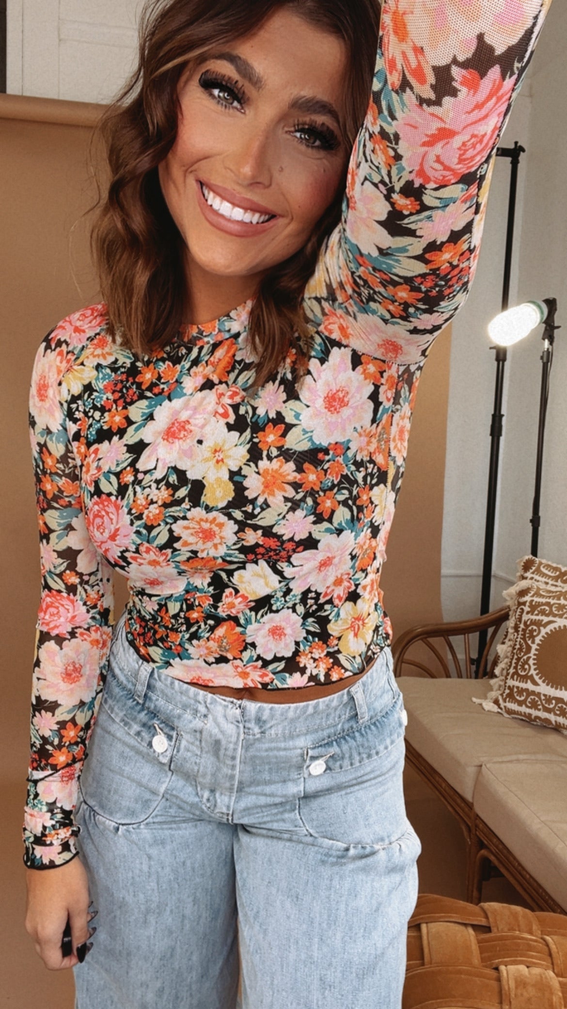 Floral Mesh Long Sleeve Top, Black