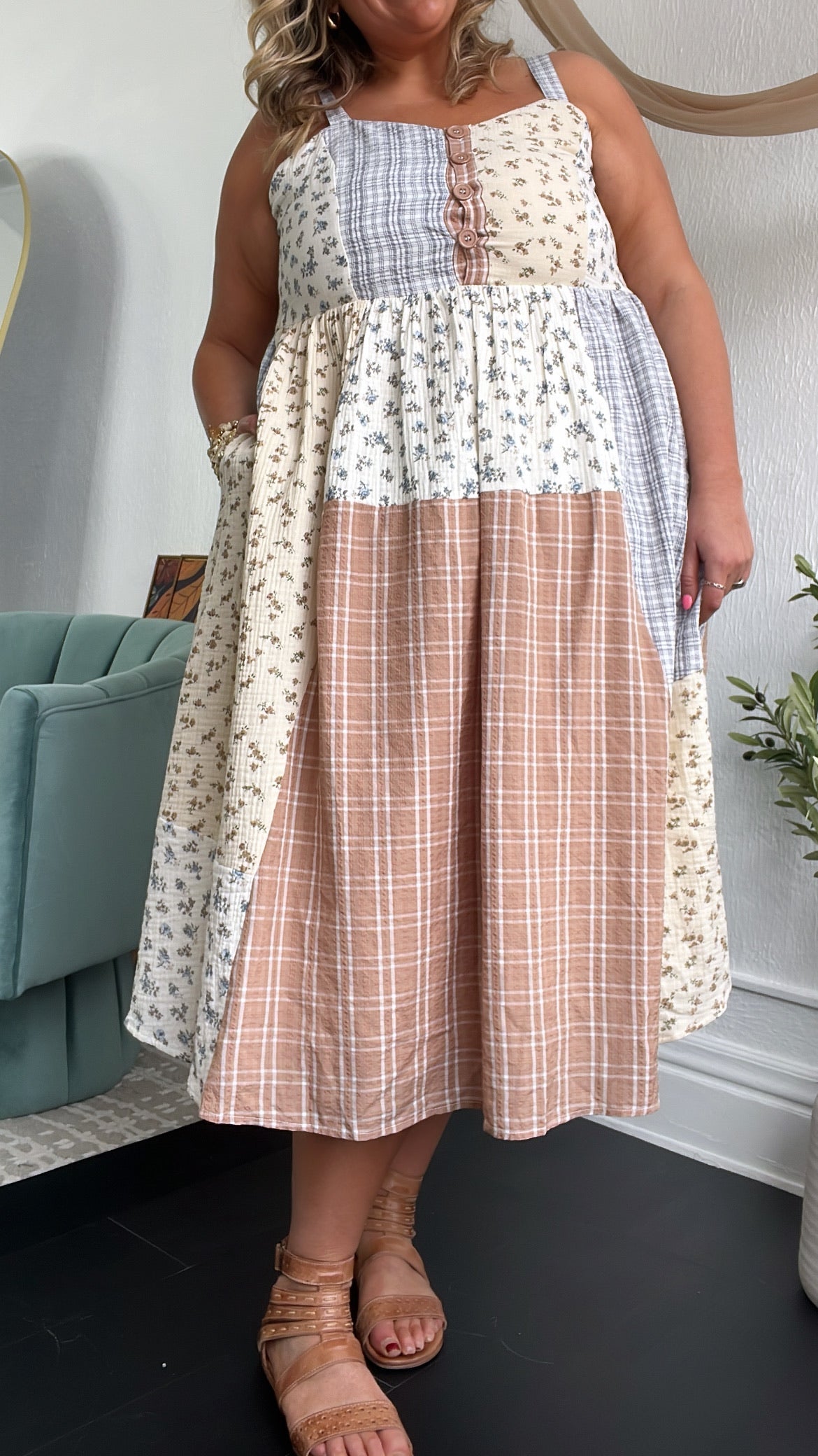 Patchwork Blooms Midi Dress, Ivory