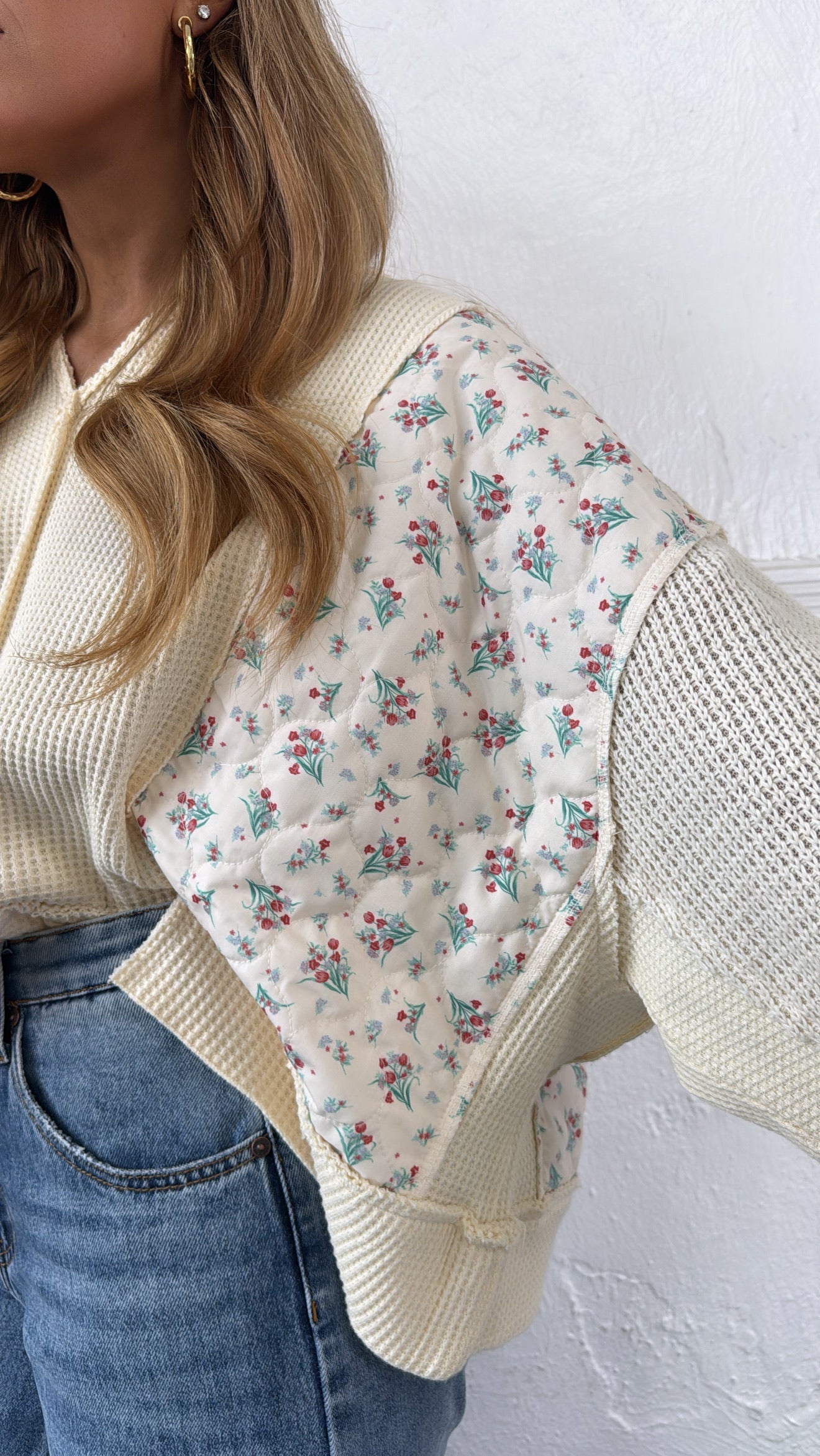 POL Floral Sleeve Sweater, Cream
