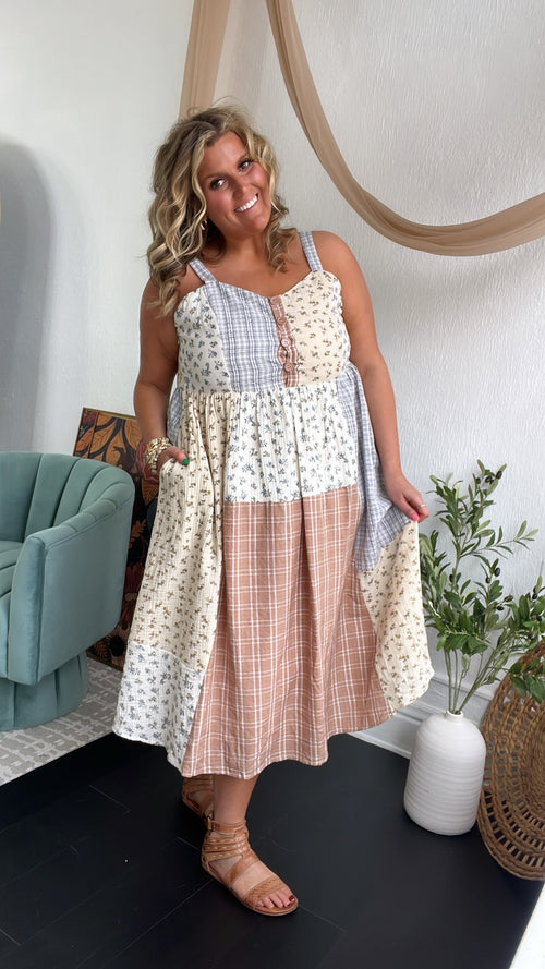 Patchwork Blooms Midi Dress, Ivory