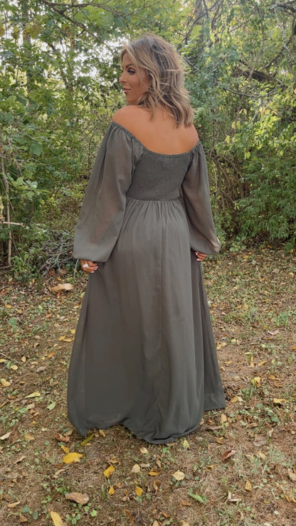 ECB Exclusive: Timeless Romantic Chiffon Maxi Dress, Olive