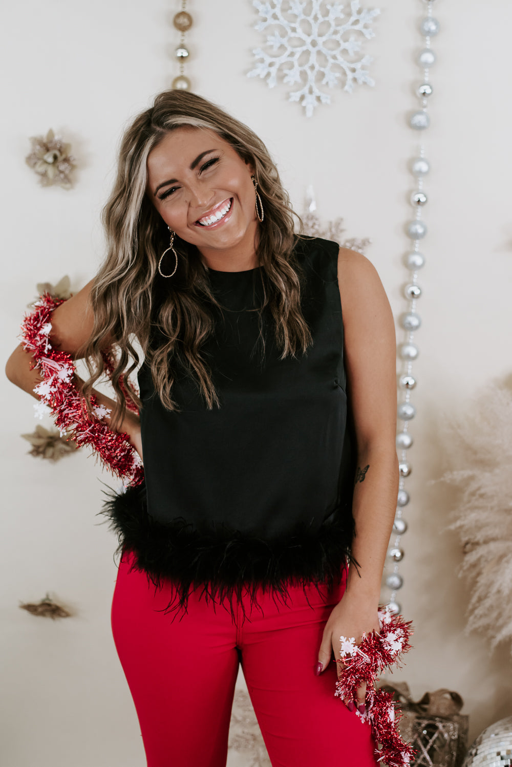 Double Take Feather Trim Top, Black