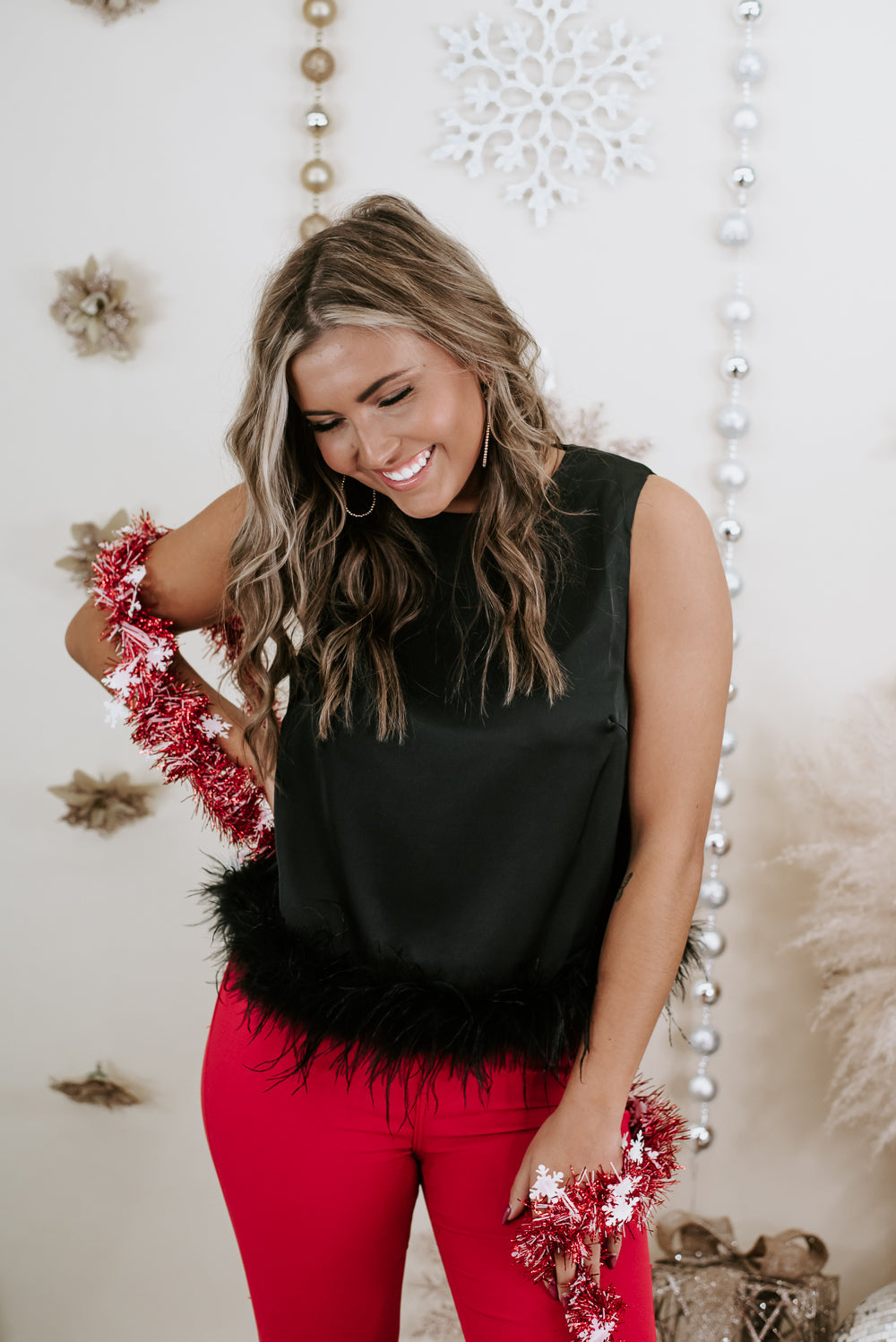 Double Take Feather Trim Top, Black