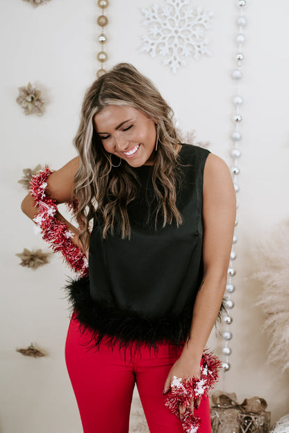 Double Take Feather Trim Top, Black
