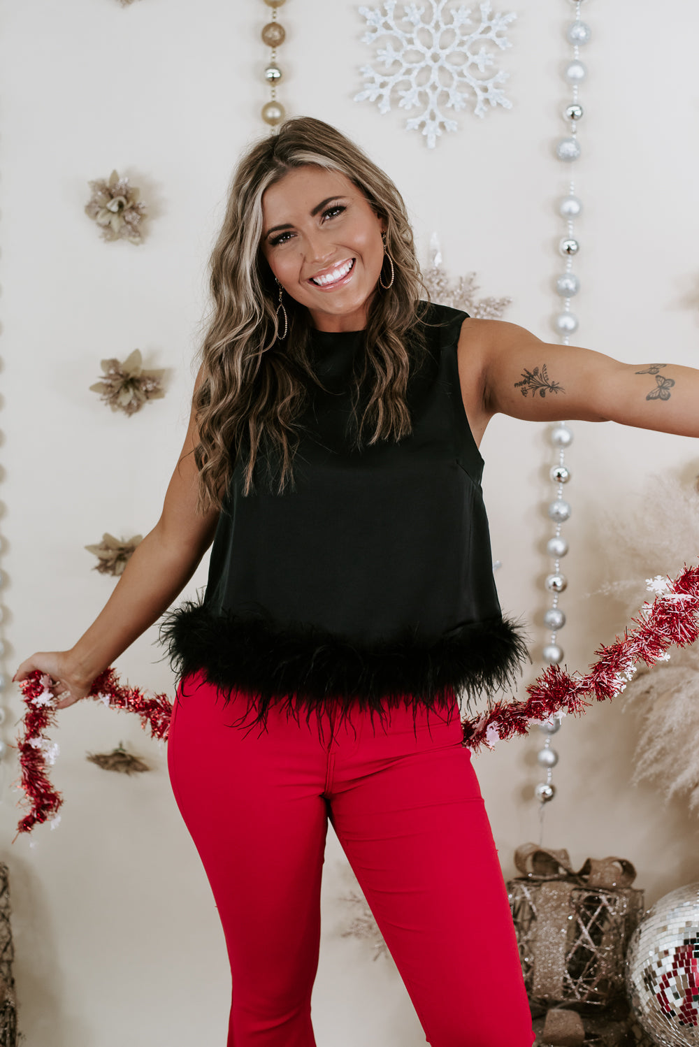 Double Take Feather Trim Top, Black