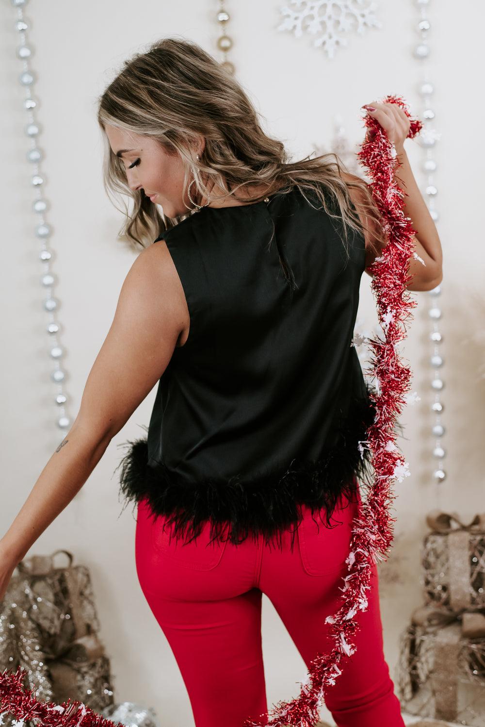 Double Take Feather Trim Top, Black