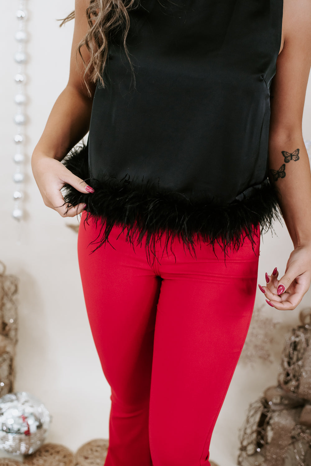 Double Take Feather Trim Top, Black