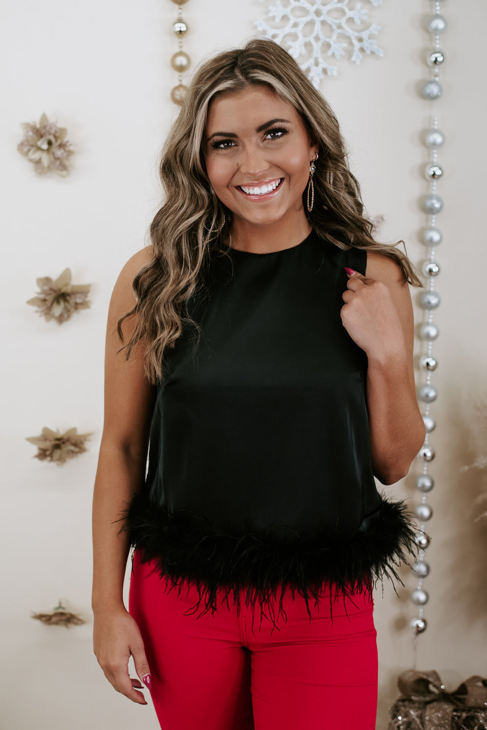 Double Take Feather Trim Top, Black