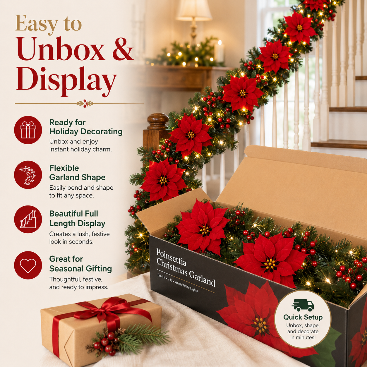 Lighted Poinsettia Holiday Garland