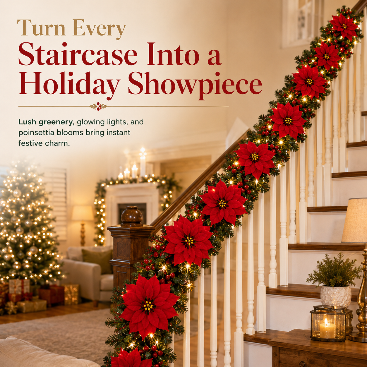 Lighted Poinsettia Holiday Garland