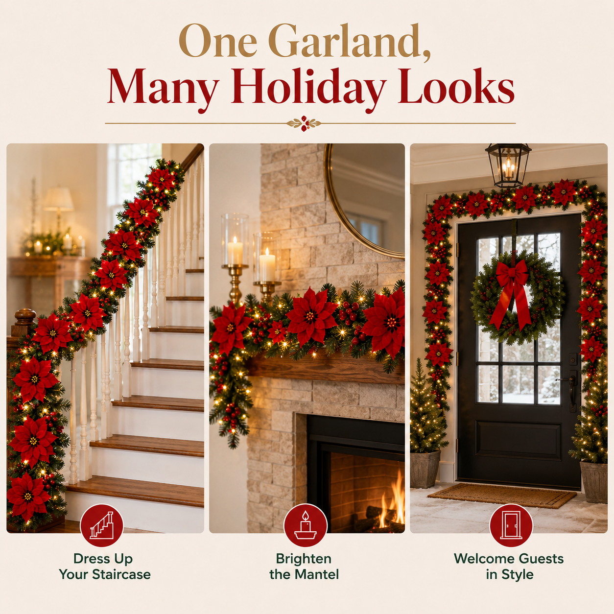 Lighted Poinsettia Holiday Garland