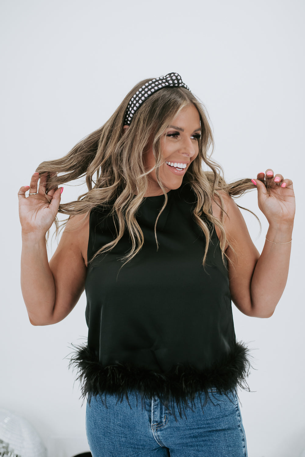 Double Take Feather Trim Top, Black
