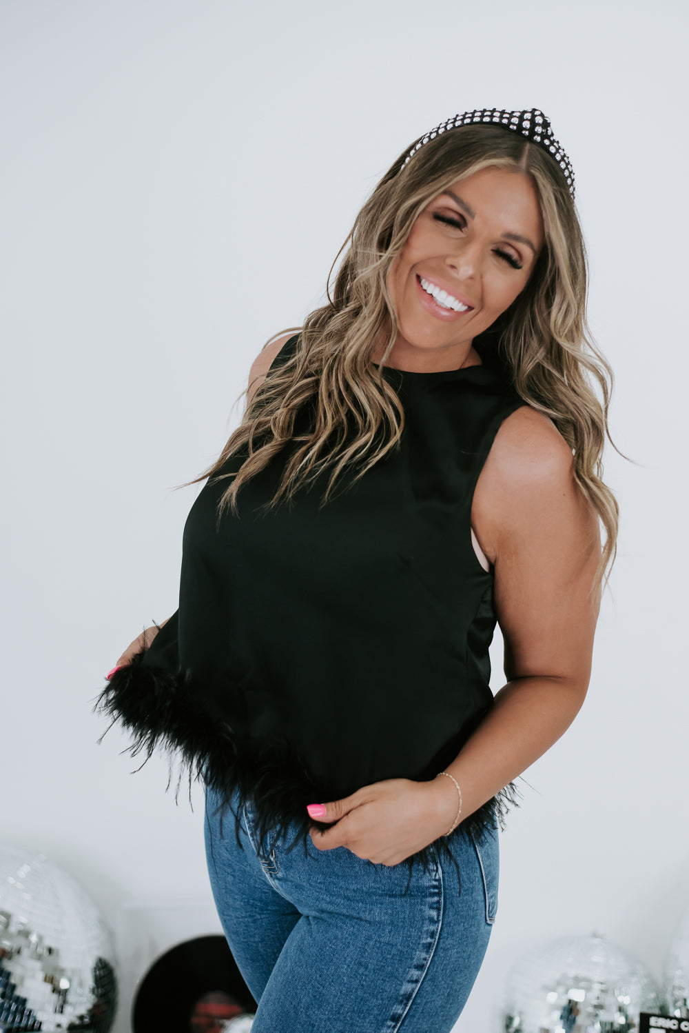 Double Take Feather Trim Top, Black