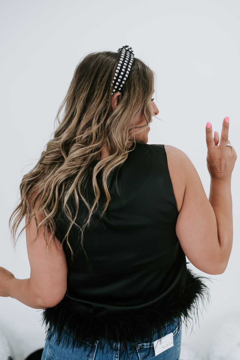 Double Take Feather Trim Top, Black