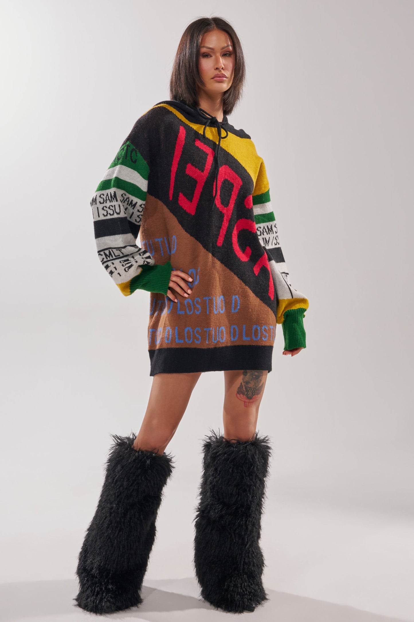 ALPHA FEMALE HOODED SWEATSHIRT DRESS IN YELLOW MULTI