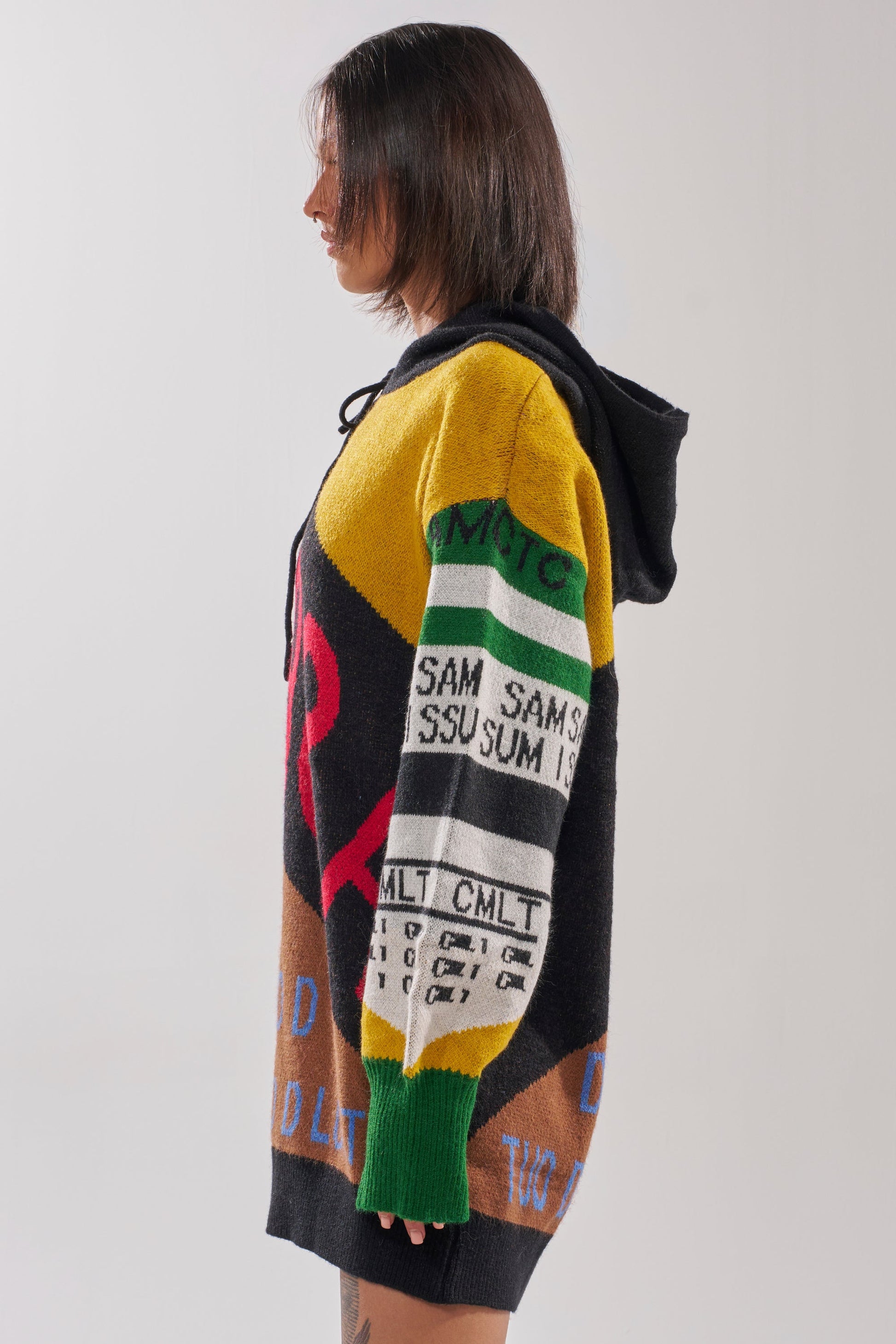 ALPHA FEMALE HOODED SWEATSHIRT DRESS IN YELLOW MULTI