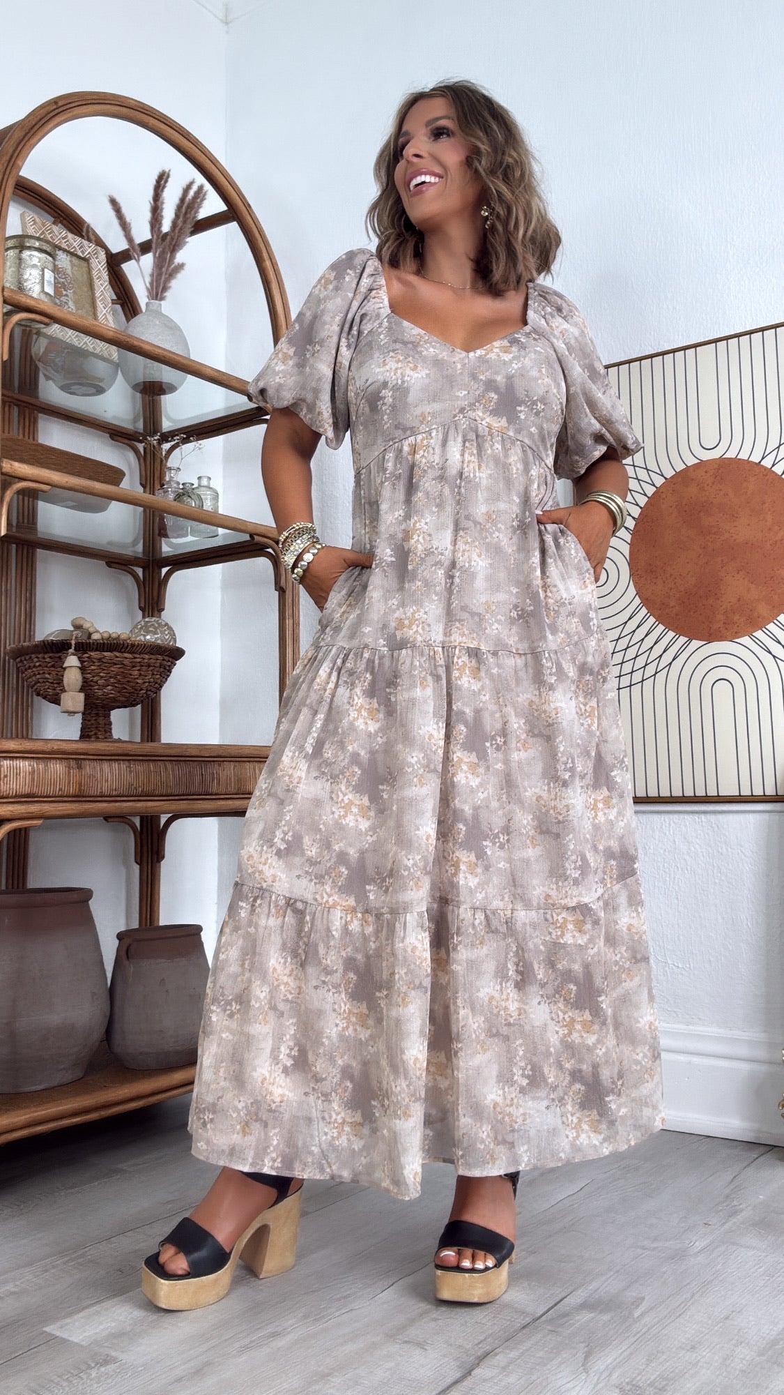 Granite Hues Whimsical Bubble Sleeve Maxi Dress, Taupe