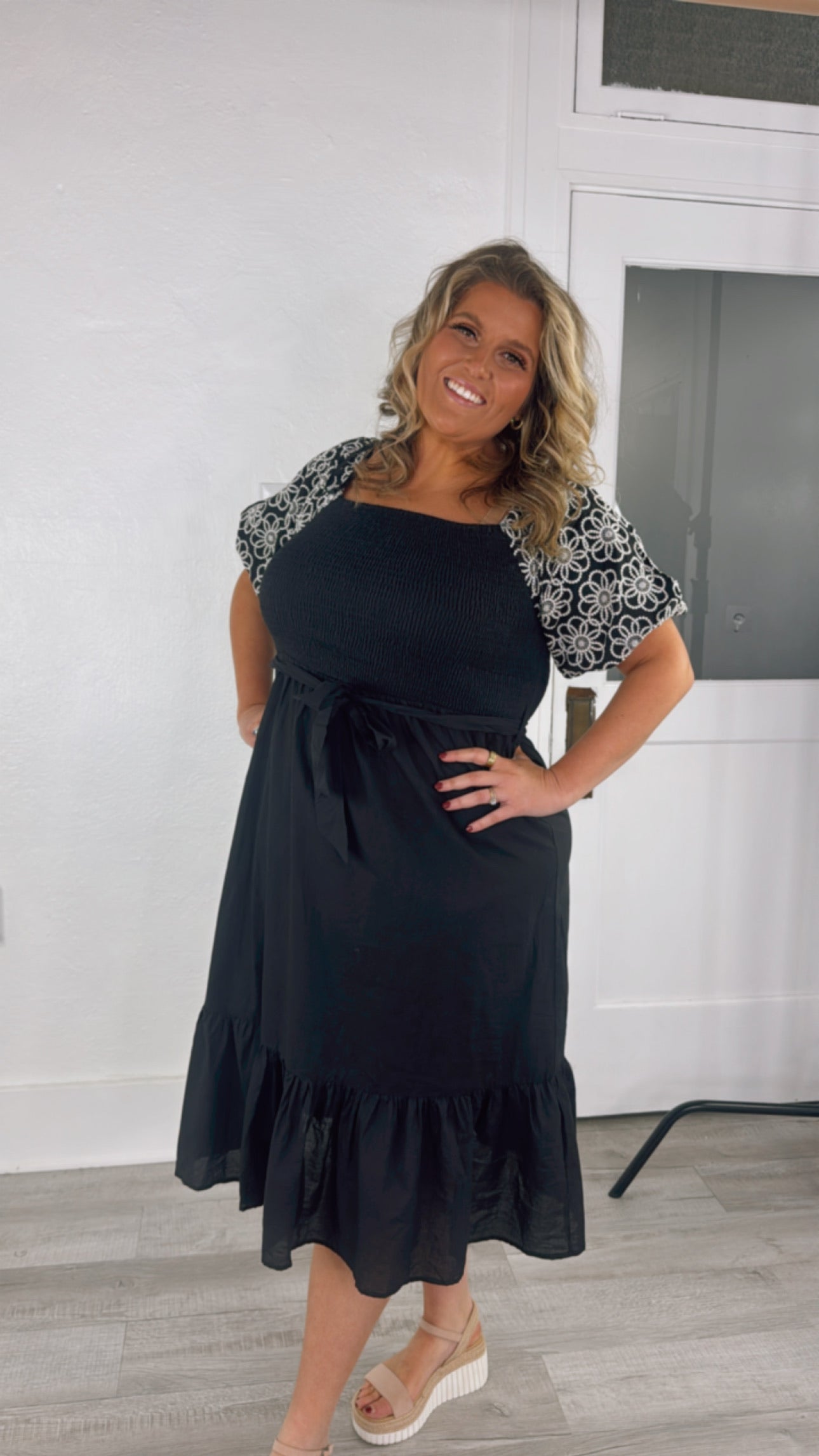Embroidered Midi Dress, Black