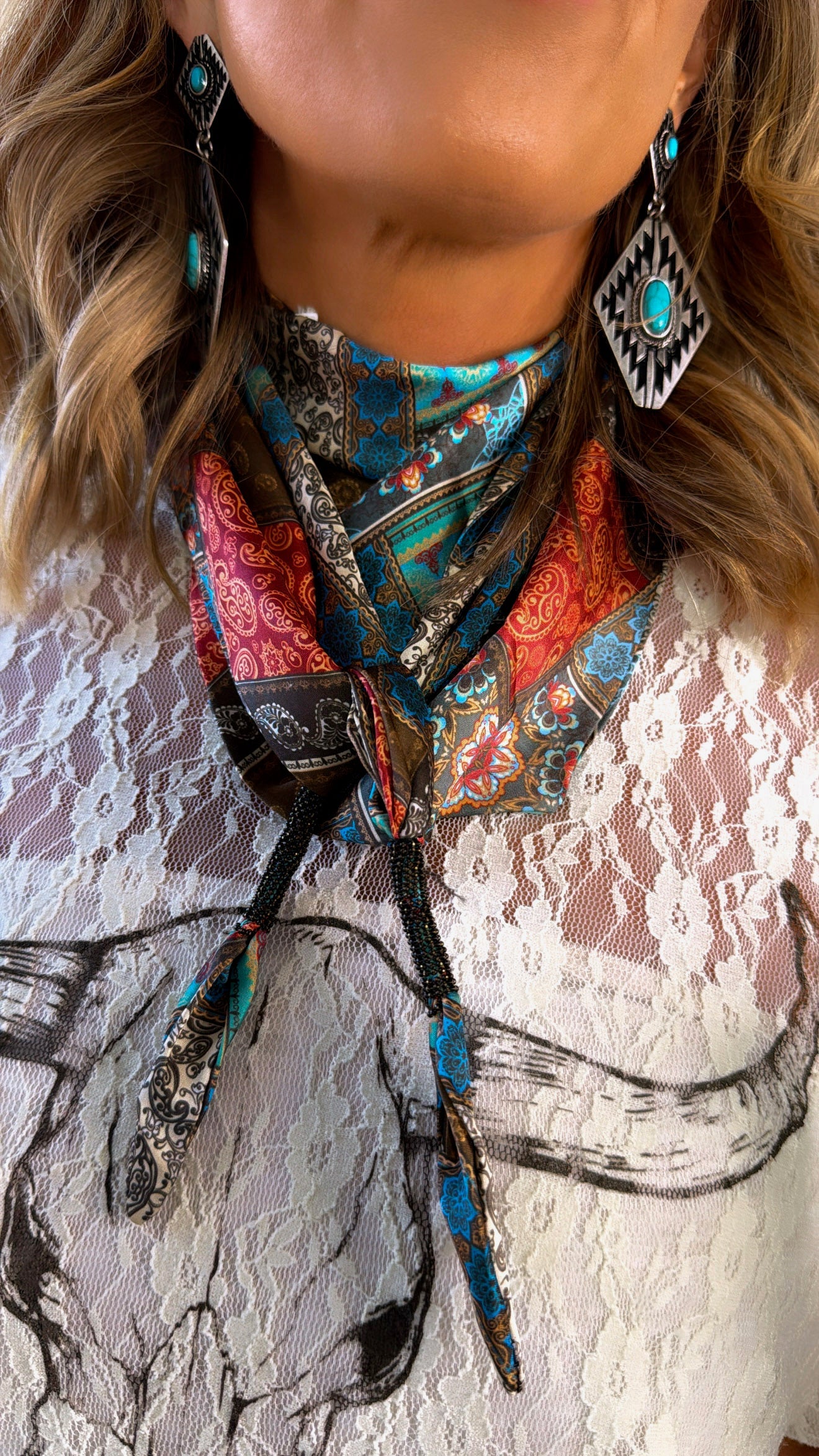 Accent Bandana Tie Necklace, Dark Multi