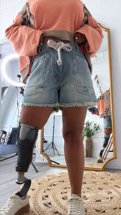 New Point Of View Braided Belt Shorts, Denim
