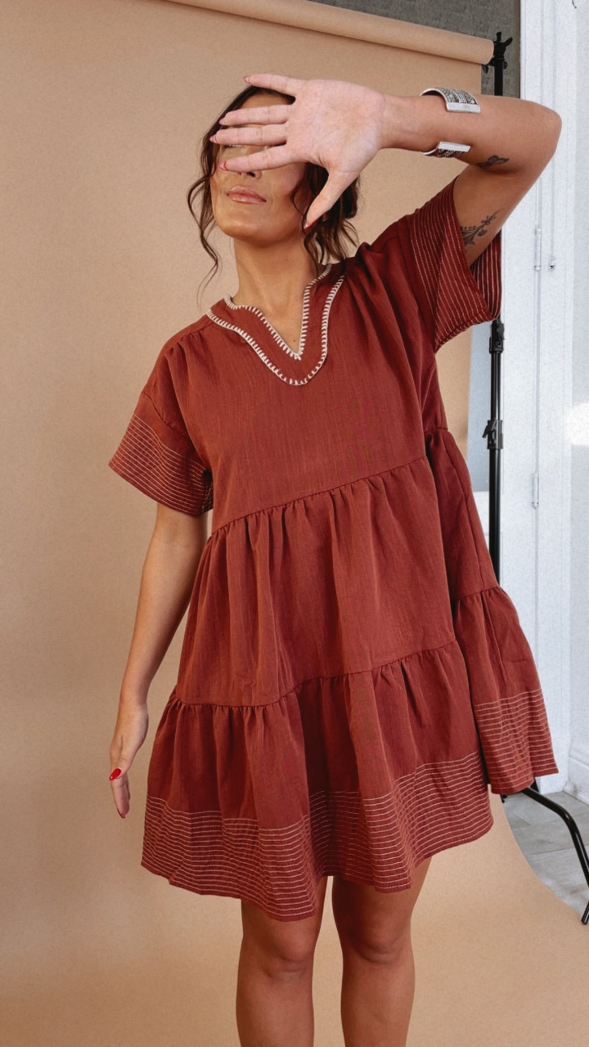 Emmy V Neck Embroidered Mini Dress, Rust
