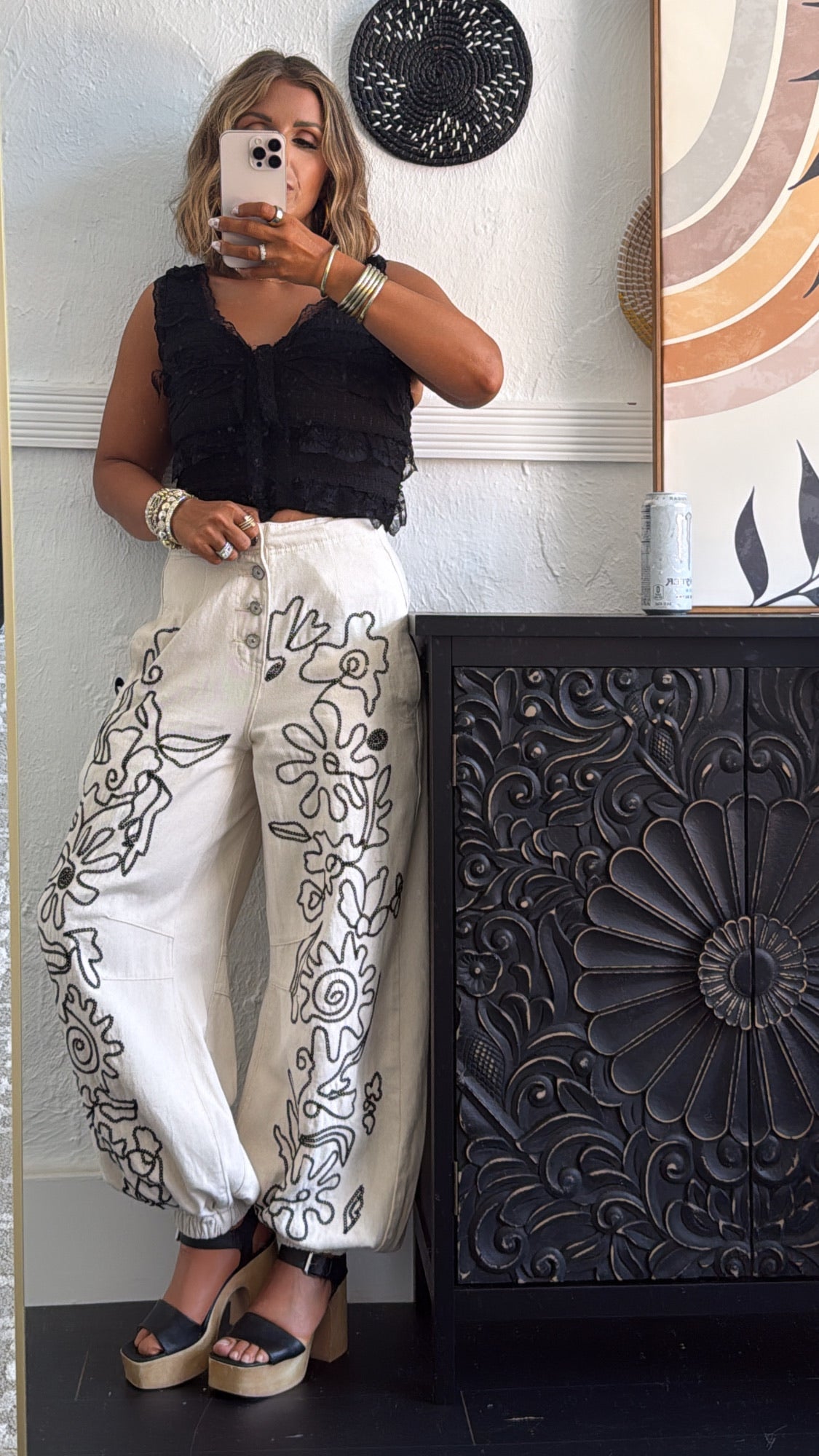 For The Love Of Floral Embroidered Denim Jogger, Oatmilk