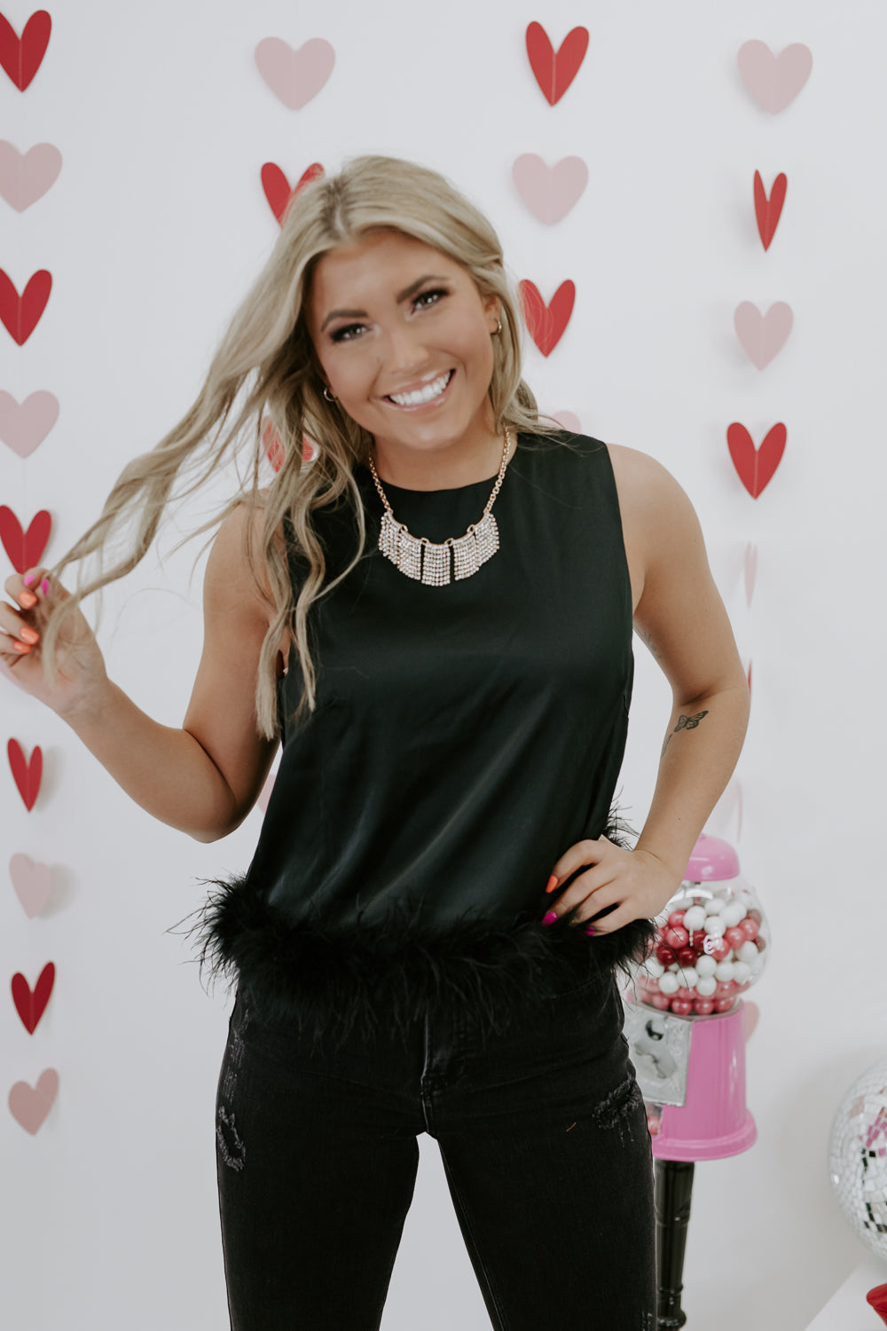 Double Take Feather Trim Top, Black