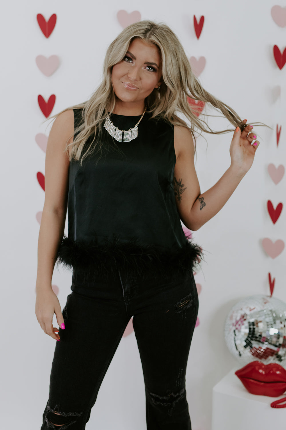 Double Take Feather Trim Top, Black