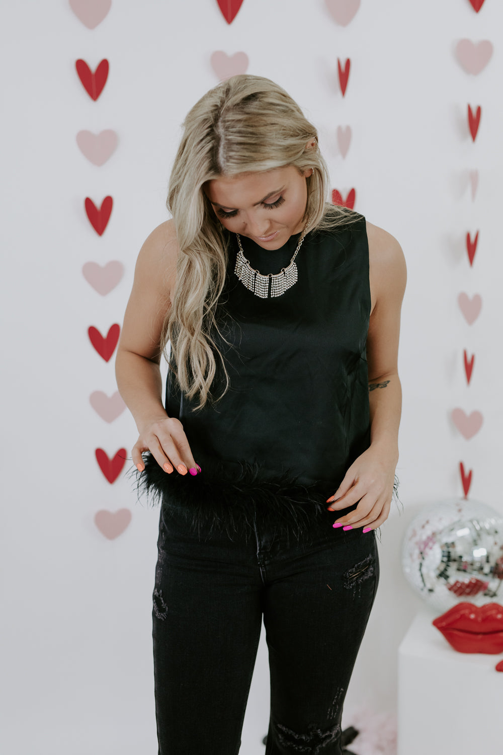 Double Take Feather Trim Top, Black