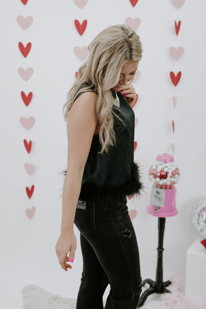 Double Take Feather Trim Top, Black
